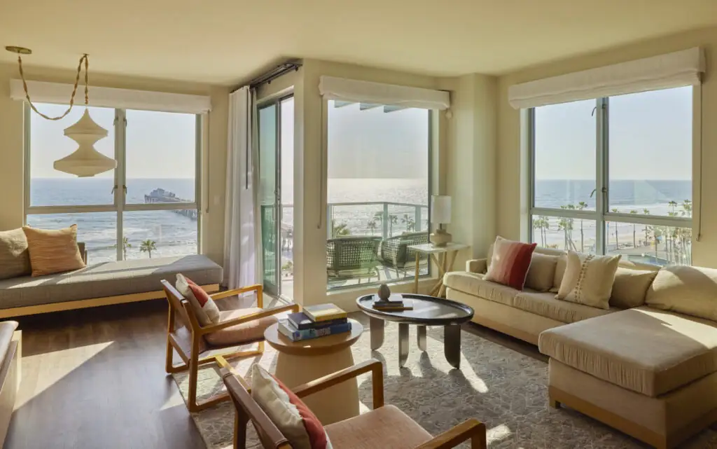 Bright interior of a room at mission pacific beach resort with ocean views