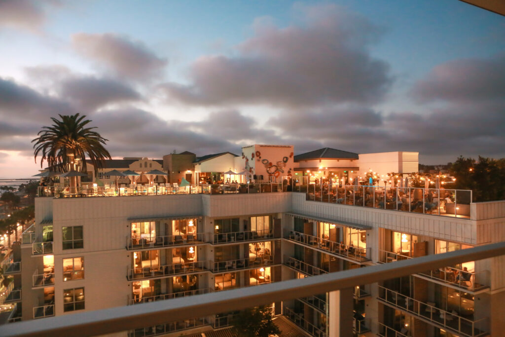 Panoramic view of mission pacific beach resort and its spacious rooftop terrace at dusk