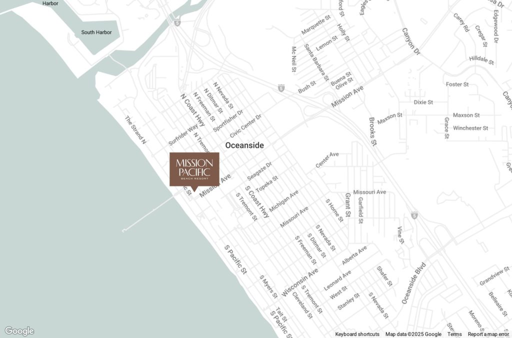 Map of oceanside, california showing mission pacific beach resort location near the coast and south harbor.